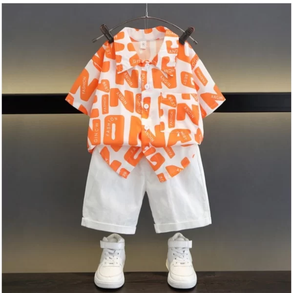 Generic Kid's Lycra Printed Casual wear Shirt And Shorts Set (Orange)
