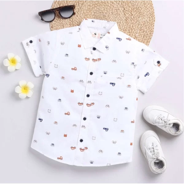 Generic Boy's Cotton Blend Printed Short Sleeve Shirt (White)