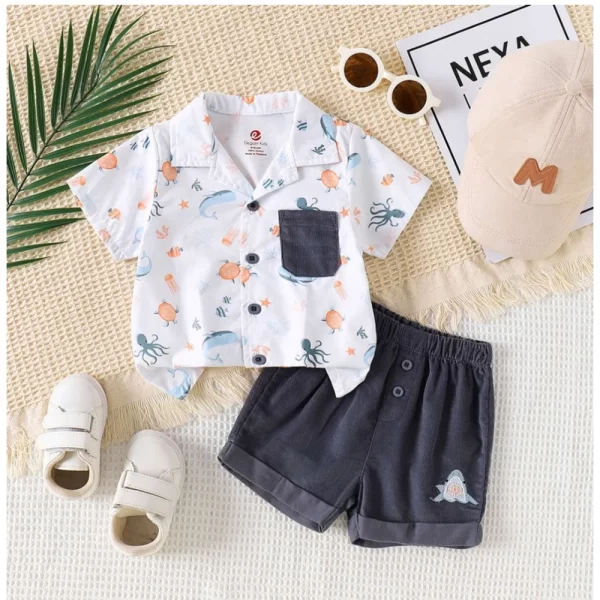 Generic Boy's Lycra Blend Printed Short Sleeve Shirt and Shorts Set (MultiColor)