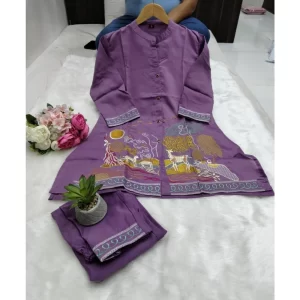 Generic Women's Silk Embroidered 3/4th Sleeve Collar Neck Co-Ord Set (Purple)