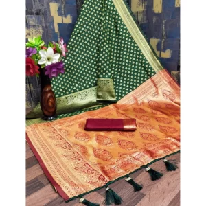 Generic Women's Banarasi Silk Printed Saree With Unstitched Blouse 5.5Mtr (Green)