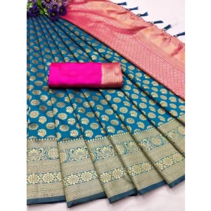 Generic Women's Banarasi Silk Printed Saree With Unstitched Blouse 5.5Mtr (Blue)