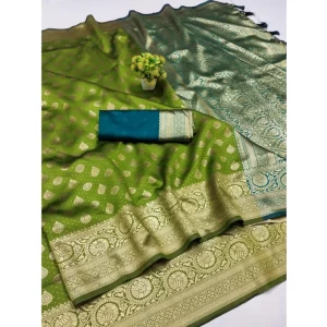 Generic Women's Banarasi Silk Printed Saree With Unstitched Blouse 5.5Mtr (Green)
