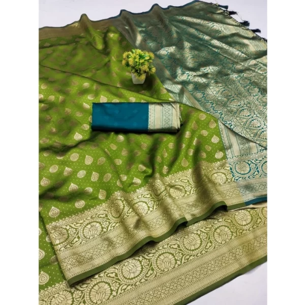 Generic Women's Banarasi Silk Printed Saree With Unstitched Blouse 5.5Mtr (Green)