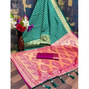 Generic Women's Banarasi Silk Printed Saree With Unstitched Blouse 5.5Mtr (Green)