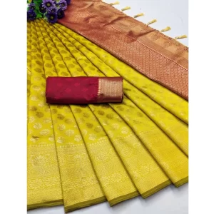 Generic Women's Banarasi Silk Printed Saree With Unstitched Blouse 5.5Mtr (Yellow)