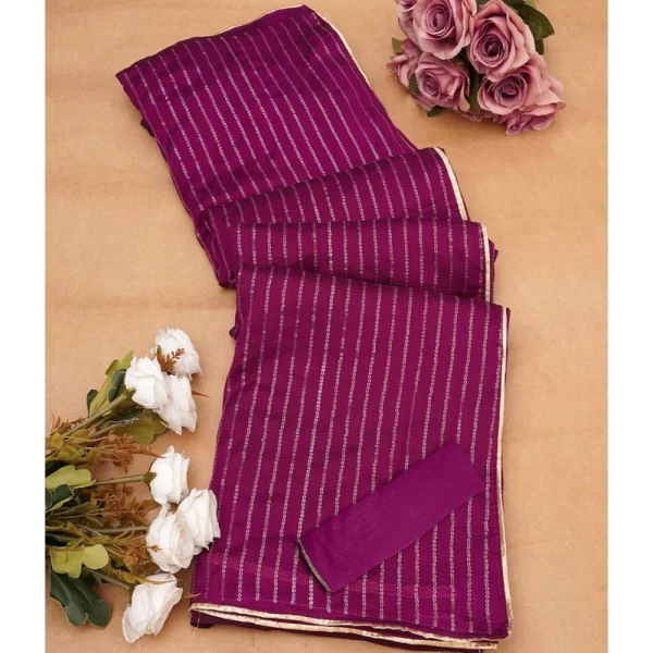 Generic Women's Vichitra Silk Striped Saree With Unstitched Blouse 5.5Mtr (Purple) - Image 2