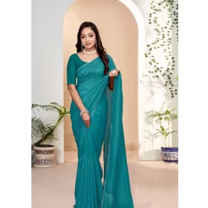 Generic Women's Vichitra Silk Striped Saree With Unstitched Blouse 5.5Mtr (Sky Blue)