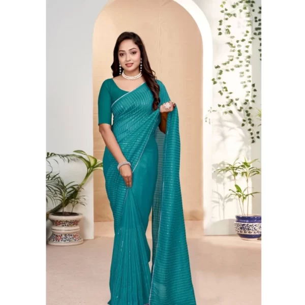 Generic Women's Vichitra Silk Striped Saree With Unstitched Blouse 5.5Mtr (Sky Blue)