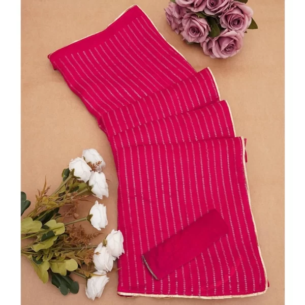 Generic Women's Vichitra Silk Striped Saree With Unstitched Blouse 5.5Mtr (Pink) - Image 2