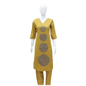 Generic Women's Cotton Blended Printed 3/4th Sleeve V Neck Kurti With Pant Set (Mustard)