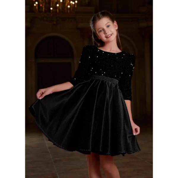 Generic Girl's Rayon Solid Round Neck Western Dress (Black) - Image 3