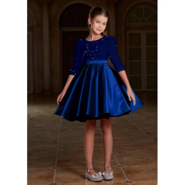 Generic Girl's Rayon Solid Round Neck Western Dress (Blue) - Image 4