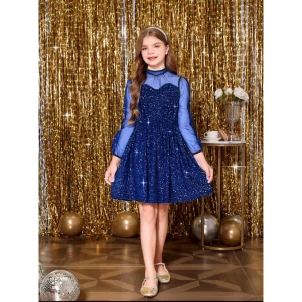 Generic Girl's Rayon Solid Round Neck Western Dress (Blue)