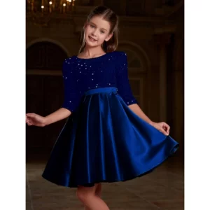 Generic Girl's Rayon Solid Round Neck Western Dress (Blue)