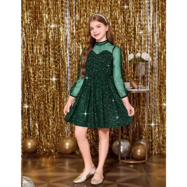 Generic Girl's Rayon Solid Round Neck Western Dress (Green) - Image 4