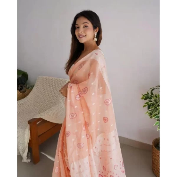 Generic Women's Cotton  Printed Saree With Unstitched Blouse 5.5Mtr (Peach) - Image 3