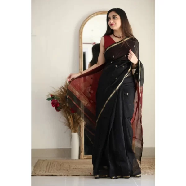 Generic Women's Cotton  Printed Saree With Unstitched Blouse 5.5Mtr (Black) - Image 3