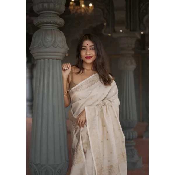 Generic Women's Cotton  Printed Saree With Unstitched Blouse 5.5Mtr (Cream) - Image 2