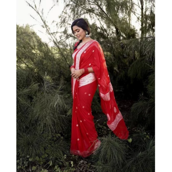 Generic Women's Cotton  Printed Saree With Unstitched Blouse 5.5Mtr (Red) - Image 2