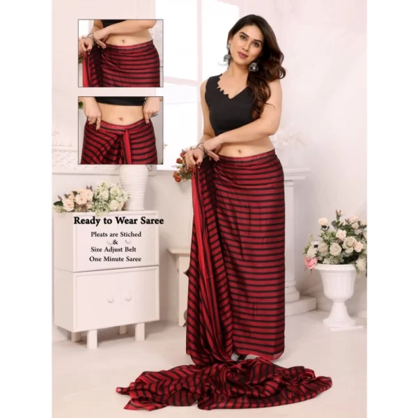 Generic Women's  Black Berry Striped Ready-to-Wear Saree With Unstitched Blouse 5.5 Mtr (Red-Black) - Image 2