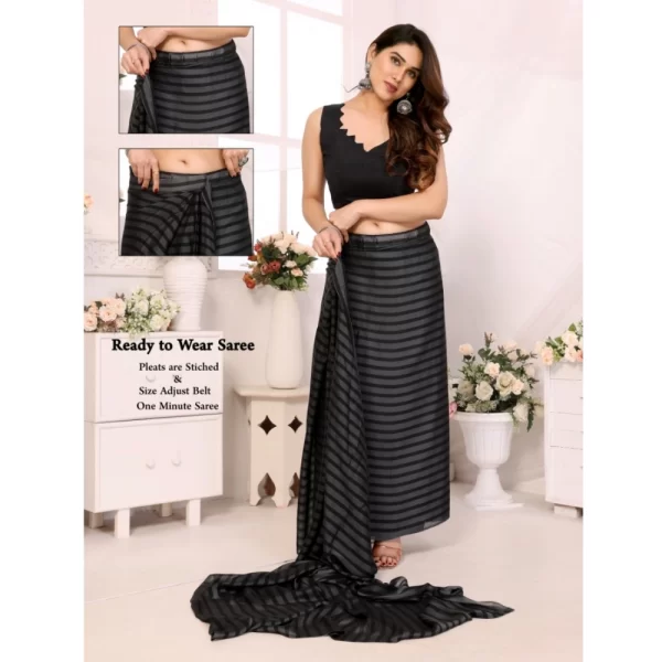 Generic Women's  Black Berry Striped Ready-to-Wear Saree With Unstitched Blouse 5.5 Mtr (Grey-Black) - Image 2