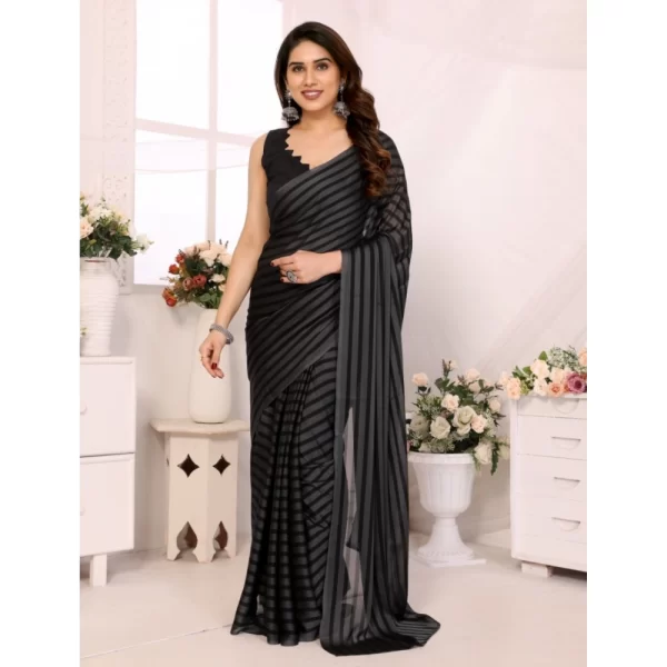 Generic Women's  Black Berry Striped Ready-to-Wear Saree With Unstitched Blouse 5.5 Mtr (Grey-Black)