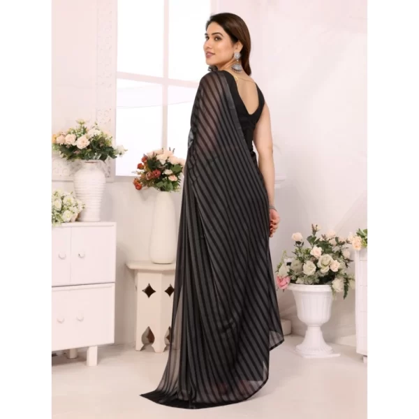 Generic Women's  Black Berry Striped Ready-to-Wear Saree With Unstitched Blouse 5.5 Mtr (Grey-Black) - Image 3