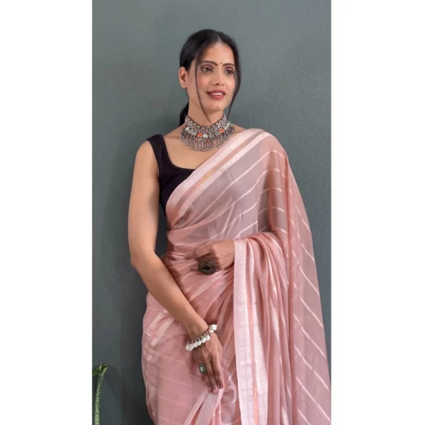 Generic Women's Chiffon Striped Ready to wear Saree With Unstitched Blouse 5.5 Mtr (Peach) - Image 2