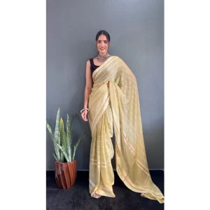 Generic Women's Chiffon Striped Ready to wear Saree With Unstitched Blouse 5.5 Mtr (Yellow)
