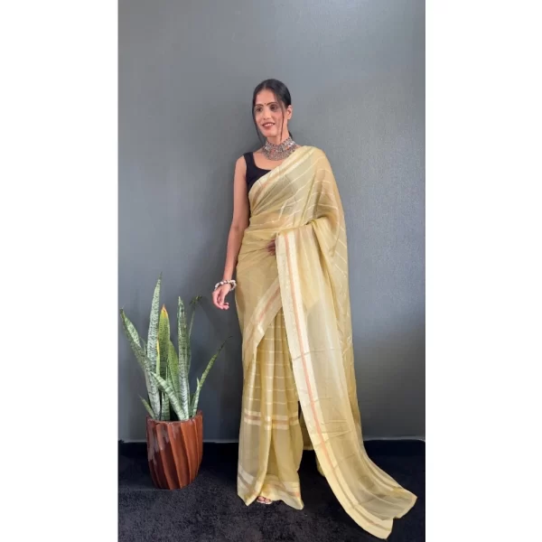 Generic Women's Chiffon Striped Ready to wear Saree With Unstitched Blouse 5.5 Mtr (Yellow) - Image 3
