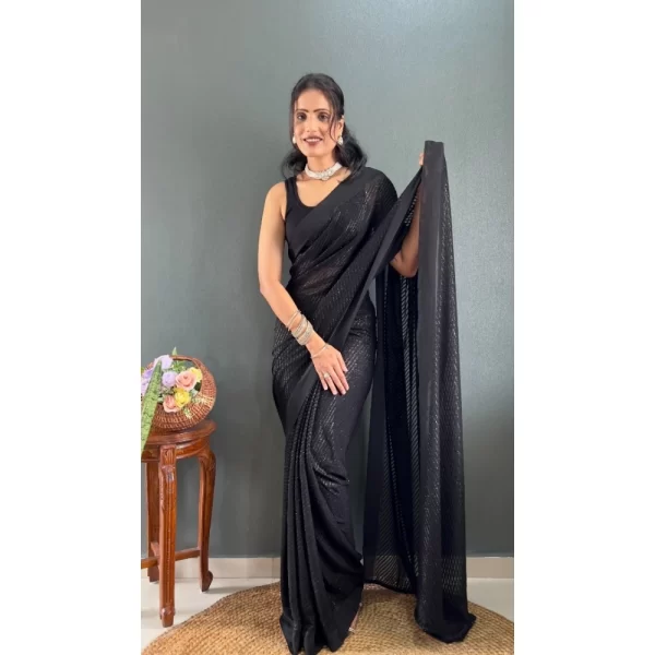 Generic Women's Chiffon Solid Ready to wear Saree With Unstitched Blouse 5.5 Mtr (Black ) - Image 3