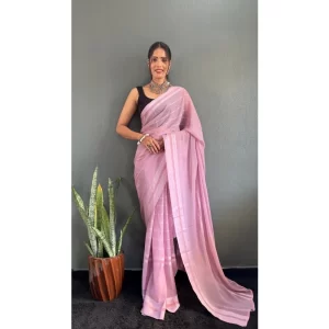 Generic Women's Chiffon Striped Ready to wear Saree With Unstitched Blouse 5.5 Mtr (Pink)