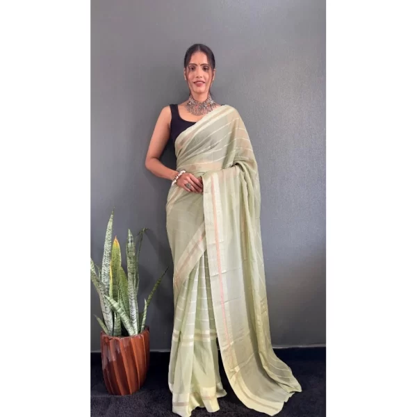 Generic Women's Chiffon Striped Ready to wear Saree With Unstitched Blouse 5.5 Mtr (Pista )