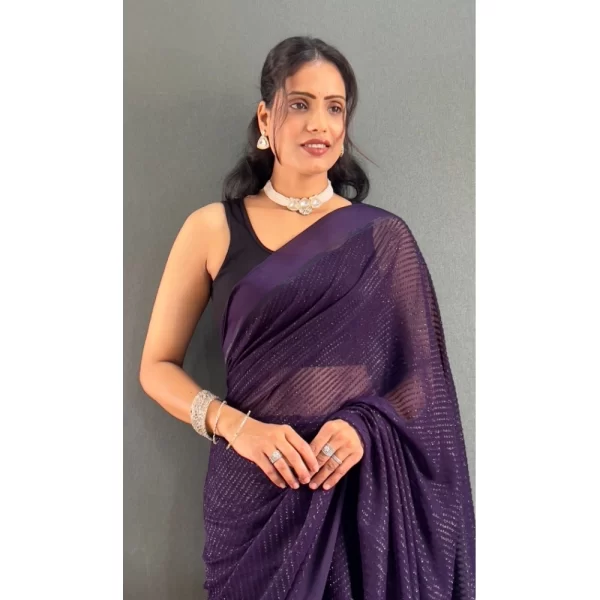 Generic Women's Chiffon Solid Ready to wear Saree With Unstitched Blouse 5.5 Mtr (Purple) - Image 3
