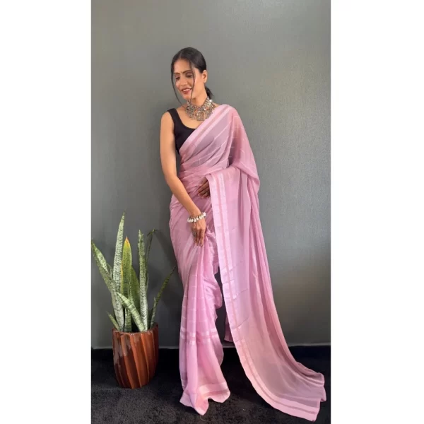 Generic Women's Chiffon Striped Ready to wear Saree With Unstitched Blouse 5.5 Mtr (Pink) - Image 3