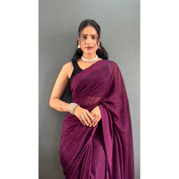 Generic Women's Chiffon Solid Ready to wear Saree With Unstitched Blouse 5.5 Mtr (Wine ) - Image 3