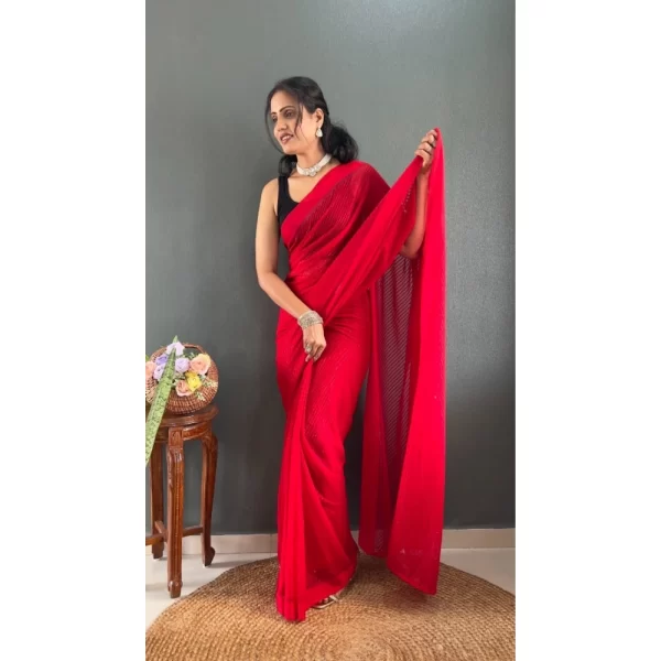 Generic Women's Chiffon Solid Ready to wear Saree With Unstitched Blouse 5.5 Mtr (Red) - Image 2