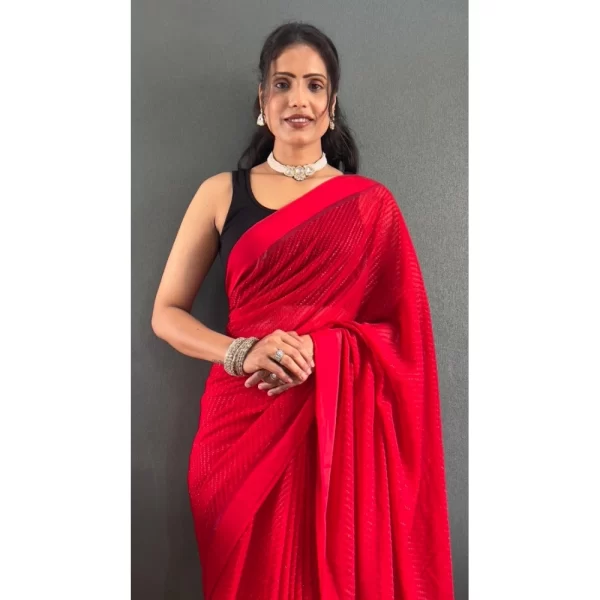 Generic Women's Chiffon Solid Ready to wear Saree With Unstitched Blouse 5.5 Mtr (Red) - Image 3