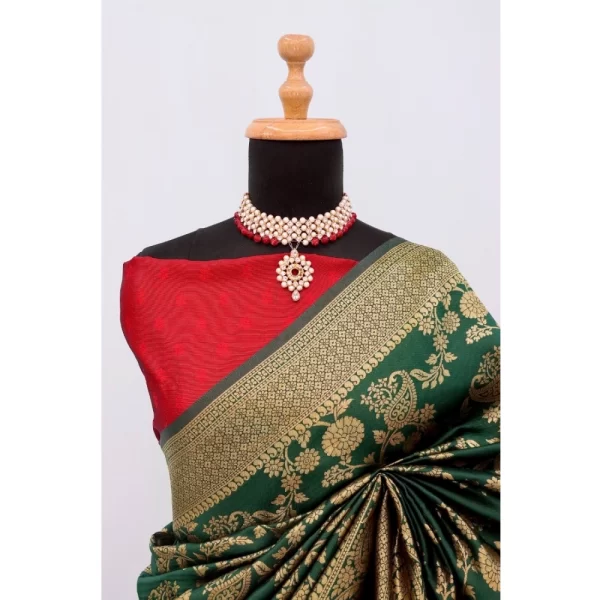 Generic Women's Banarasi Printed Saree With Unstitched Blouse 5.5Mtr (Green) - Image 2