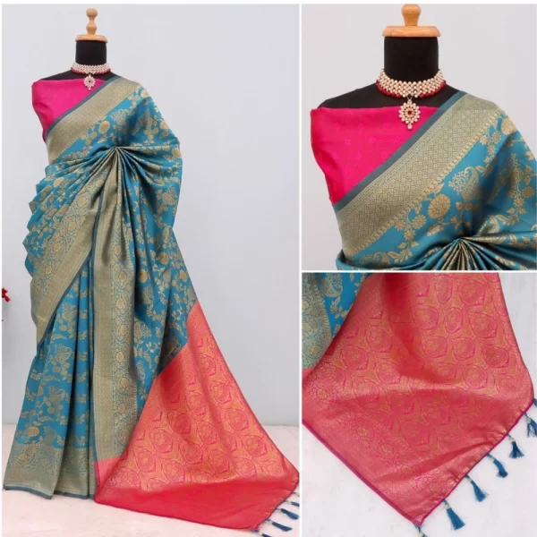 Generic Women's Banarasi Printed Saree With Unstitched Blouse 5.5Mtr (Aqua Blue) - Image 2