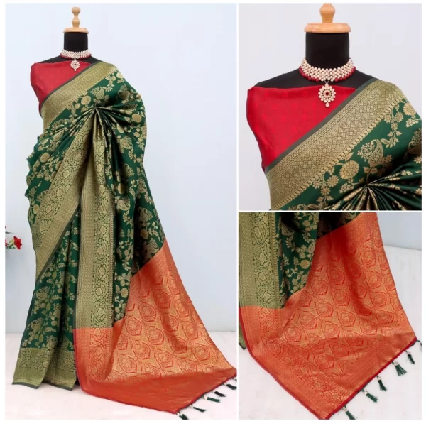 Generic Women's Banarasi Printed Saree With Unstitched Blouse 5.5Mtr (Green) - Image 3