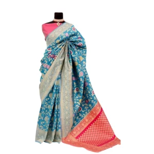 Generic Women's Banarasi Printed Saree With Unstitched Blouse 5.5Mtr (Aqua Blue)