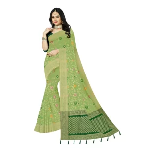 Generic Women's Banarasi Printed Saree With Unstitched Blouse 5.5Mtr (Light Green)