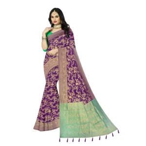 Generic Women's Banarasi Printed Saree With Unstitched Blouse 5.5Mtr (Purple)