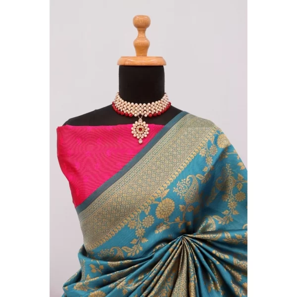 Generic Women's Banarasi Printed Saree With Unstitched Blouse 5.5Mtr (Aqua Blue) - Image 3