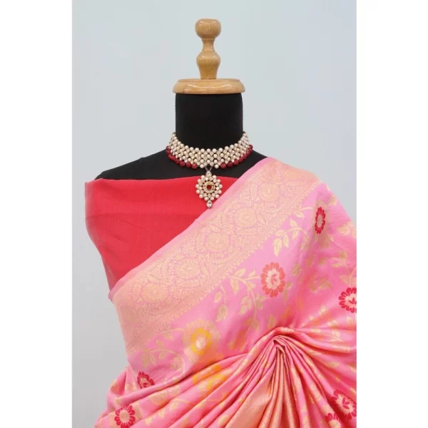 Generic Women's Banarasi Printed Saree With Unstitched Blouse 5.5Mtr (Pink) - Image 2