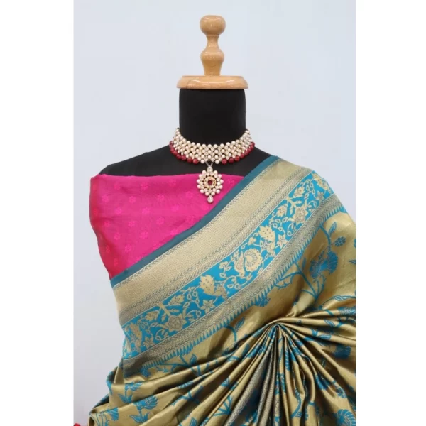 Generic Women's Banarasi Printed Saree With Unstitched Blouse 5.5Mtr (Golden) - Image 2