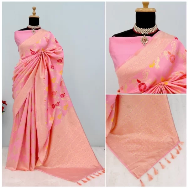 Generic Women's Banarasi Printed Saree With Unstitched Blouse 5.5Mtr (Pink) - Image 3