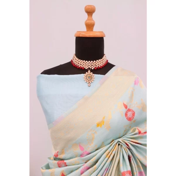 Generic Women's Banarasi Printed Saree With Unstitched Blouse 5.5Mtr (Firozi) - Image 2